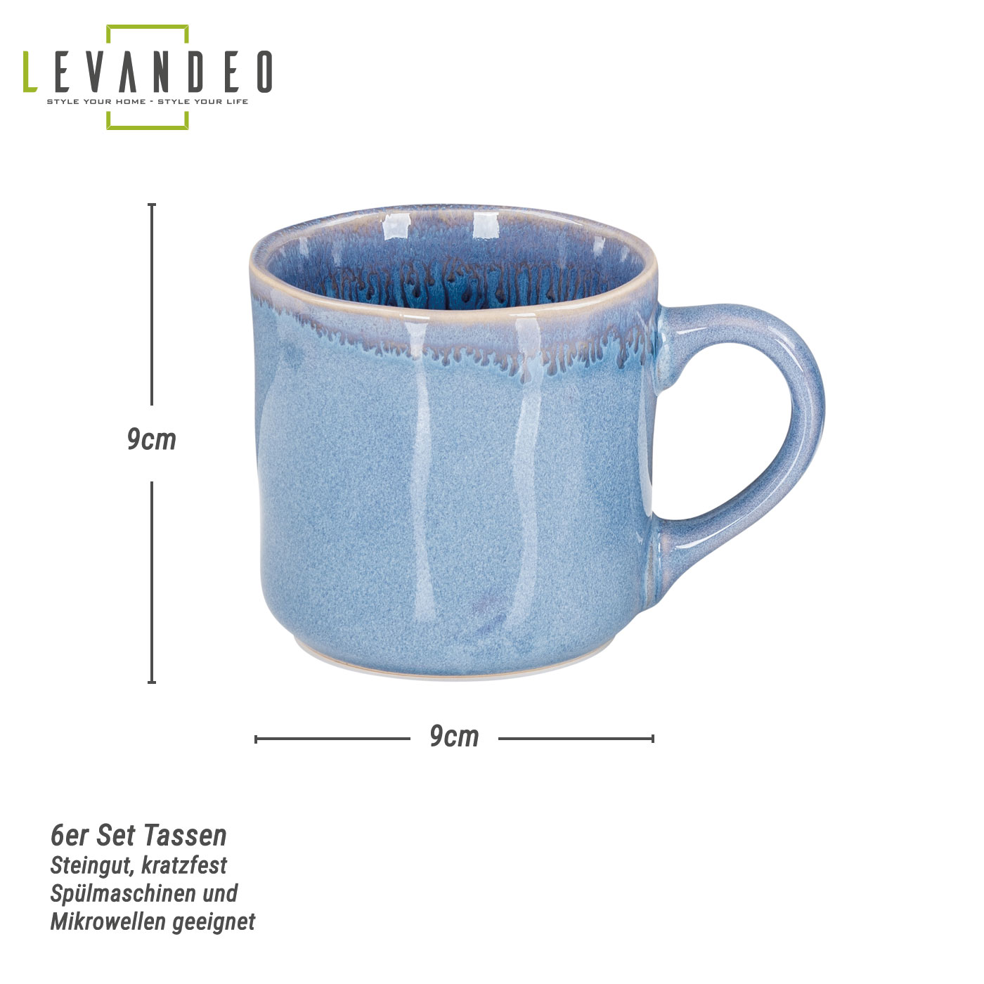 6er Set Steingut Becher 350ml Tasse Blau Kaffeepott Tasse Modern Design Küche