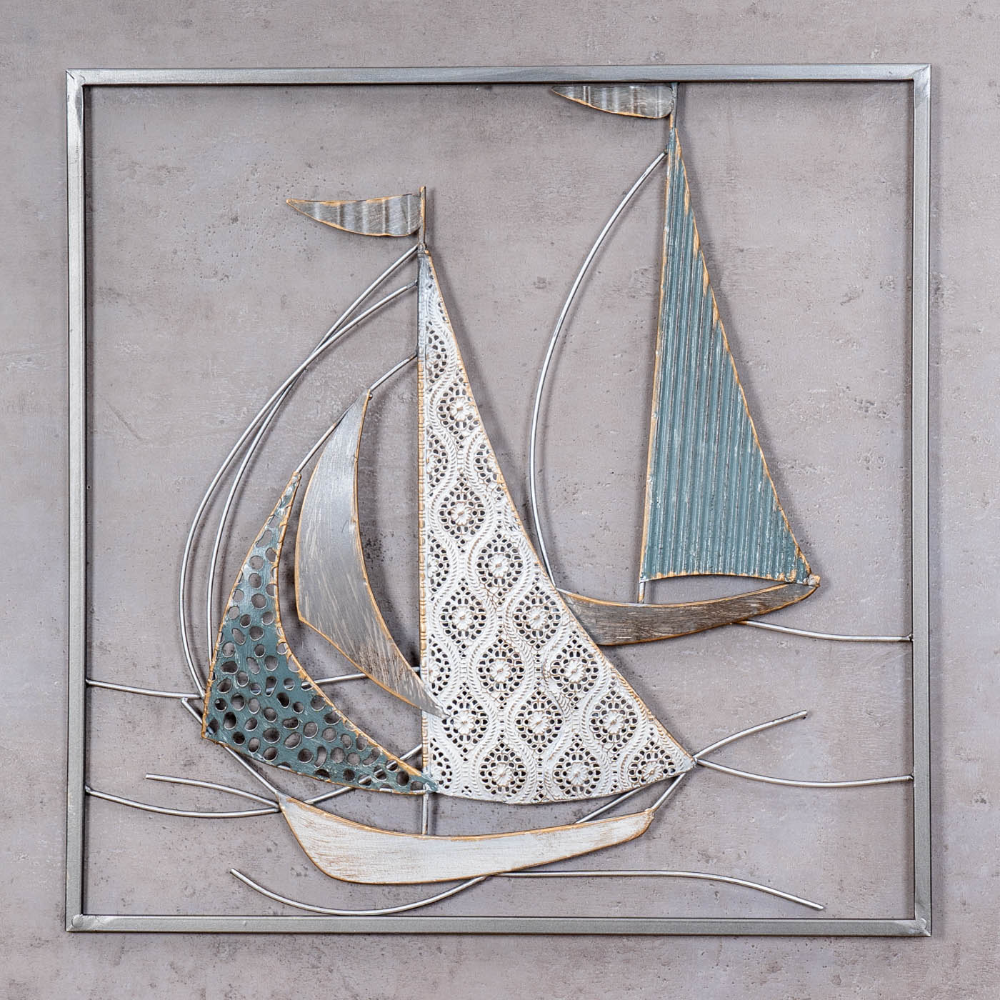 Metallbild 50x50cm Segelboot Wandbild Blau Grau Weiß Maritim Wanddeko Metalldeko