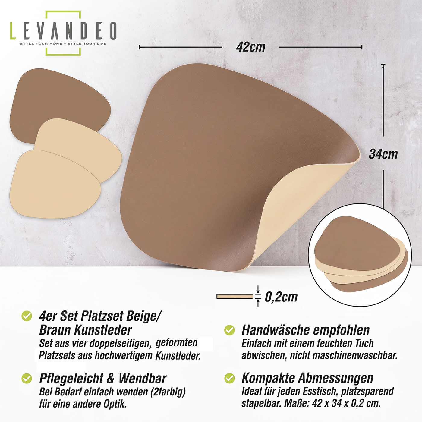 4er Set Tischsets 42x34cm Braun Beige Platzsets Abwaschbar Lederoptik Wendefunktion
