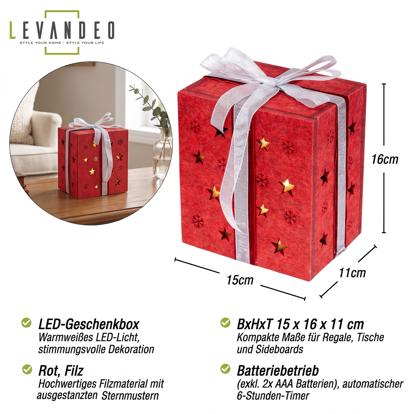 LED Geschenkbox Rot Filz Weihnachtsdeko Deko Sterne Geschenk Weihnachten