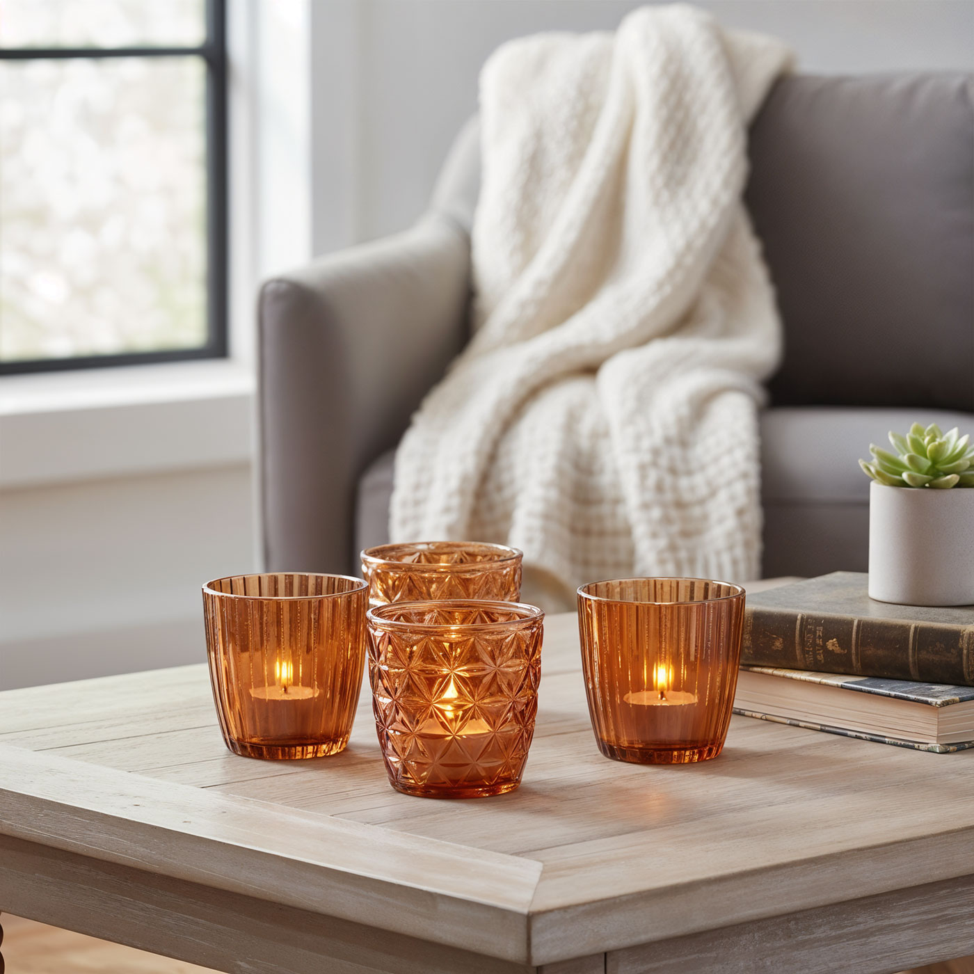 4er Set Windlicht 7,5cm Glas Orange Braun Teelichthalter Tischdeko Kerzen Herbst