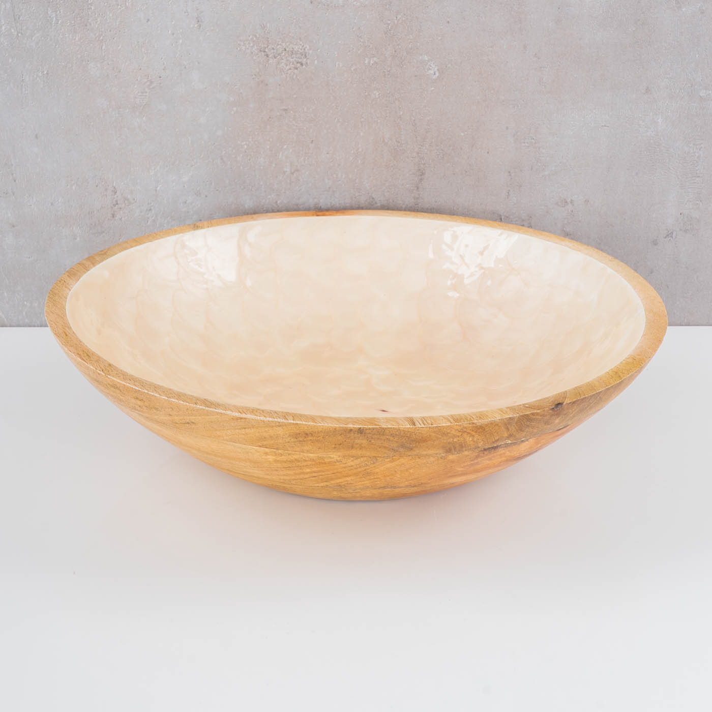 Schüssel 35cm Mango Holz Creme Perlmutt Emaille Schale Bowl Salatschüssel Deko