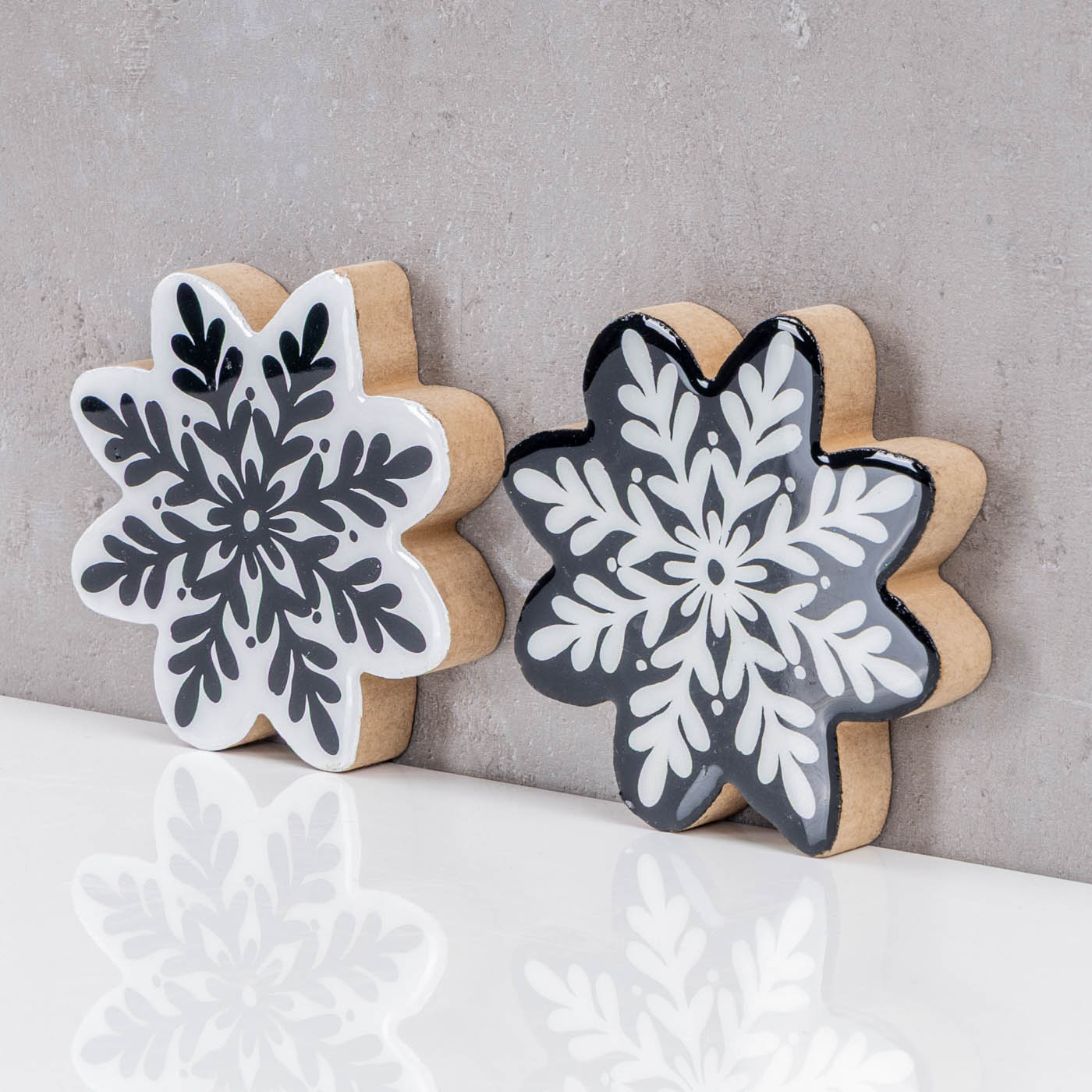 2er Set Deko Aufsteller Schneeflocke H12cm Schwarz Weiß Holz Weihnachtsdeko Tisch
