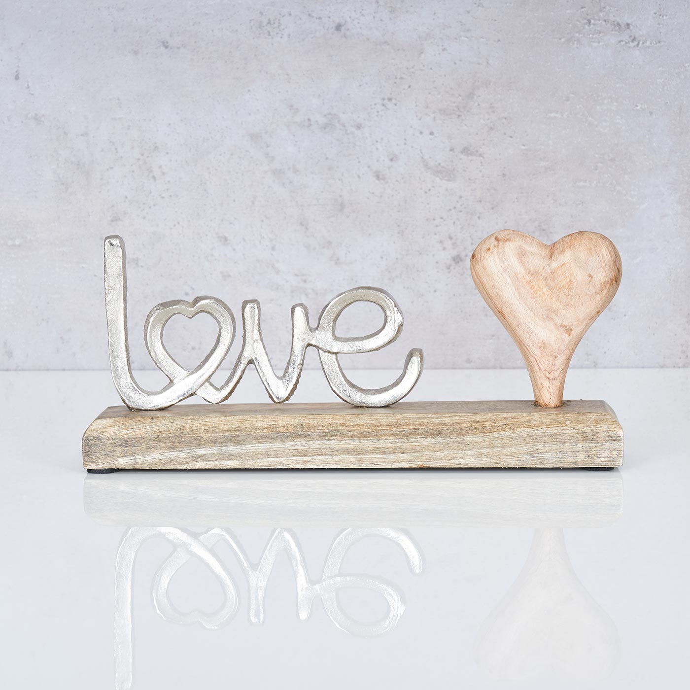 Schriftzug Love L25,5cm Metall Silber Mango Holz Tischdeko Deko Aufsteller Liebe