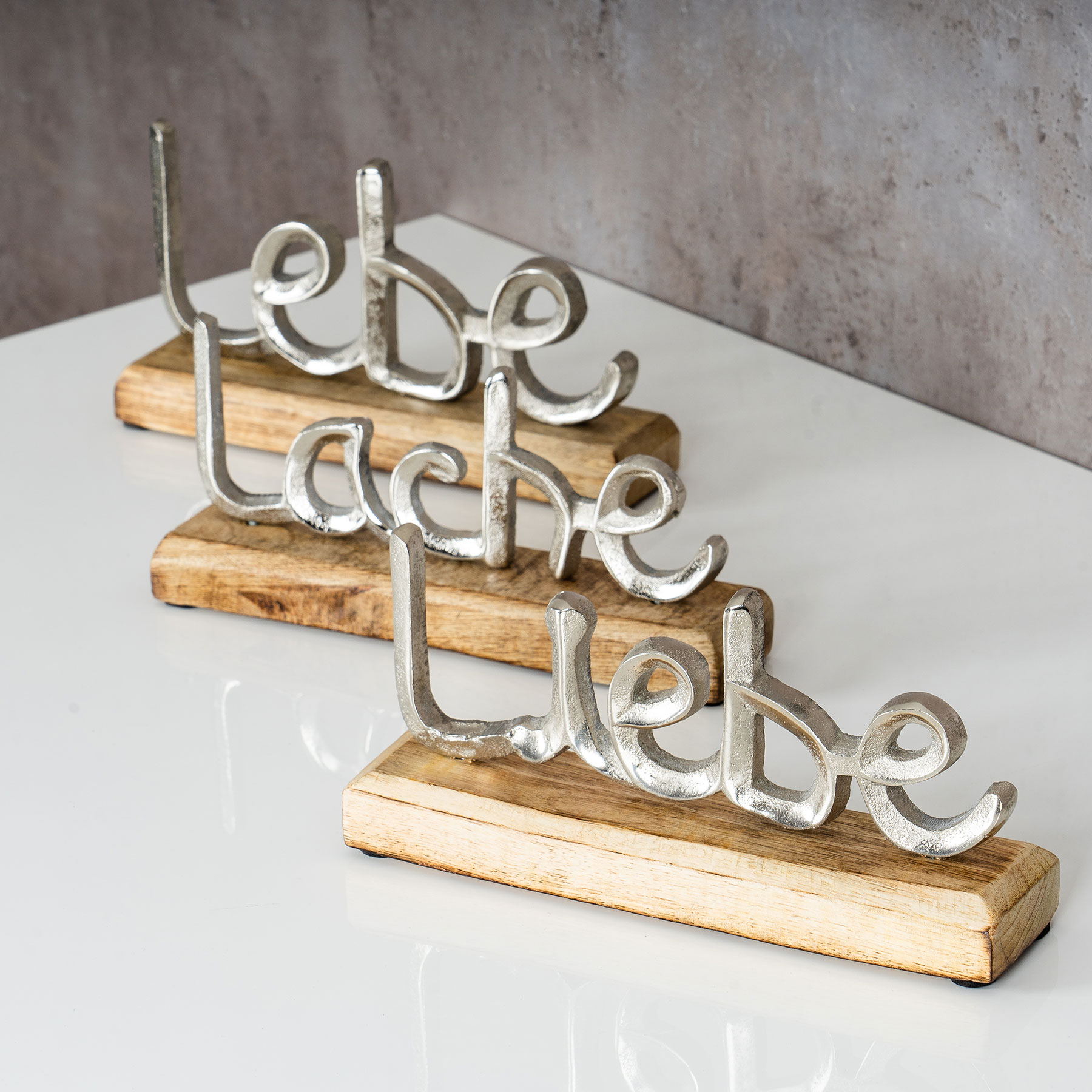 3er Set Schriftzug Lebe Lache Liebe L23cm Metall Silber Mango Holz Deko