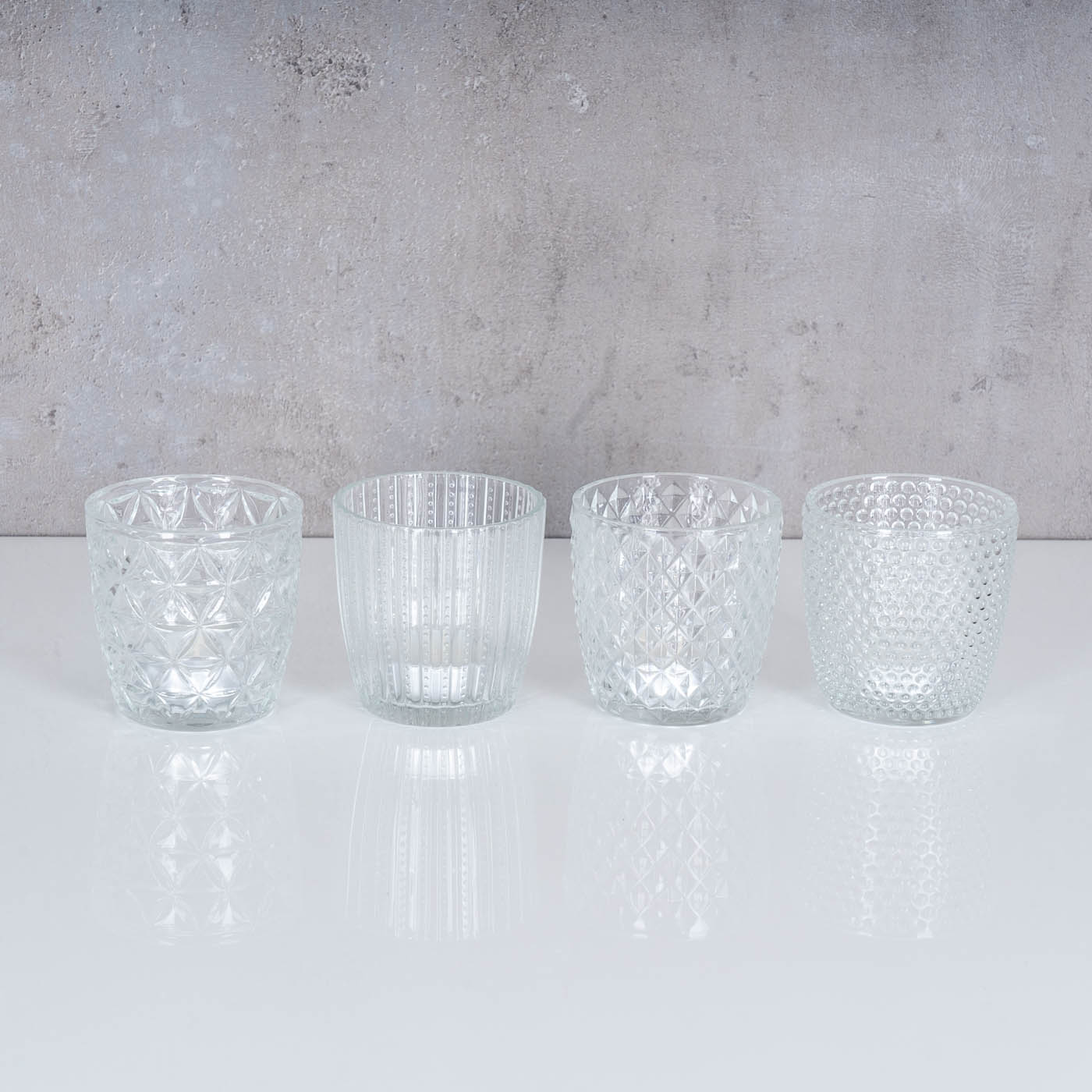4er Set Windlicht H7,5cm Glas Klar Teelichthalter Tischdeko Kerzen Retro Deko