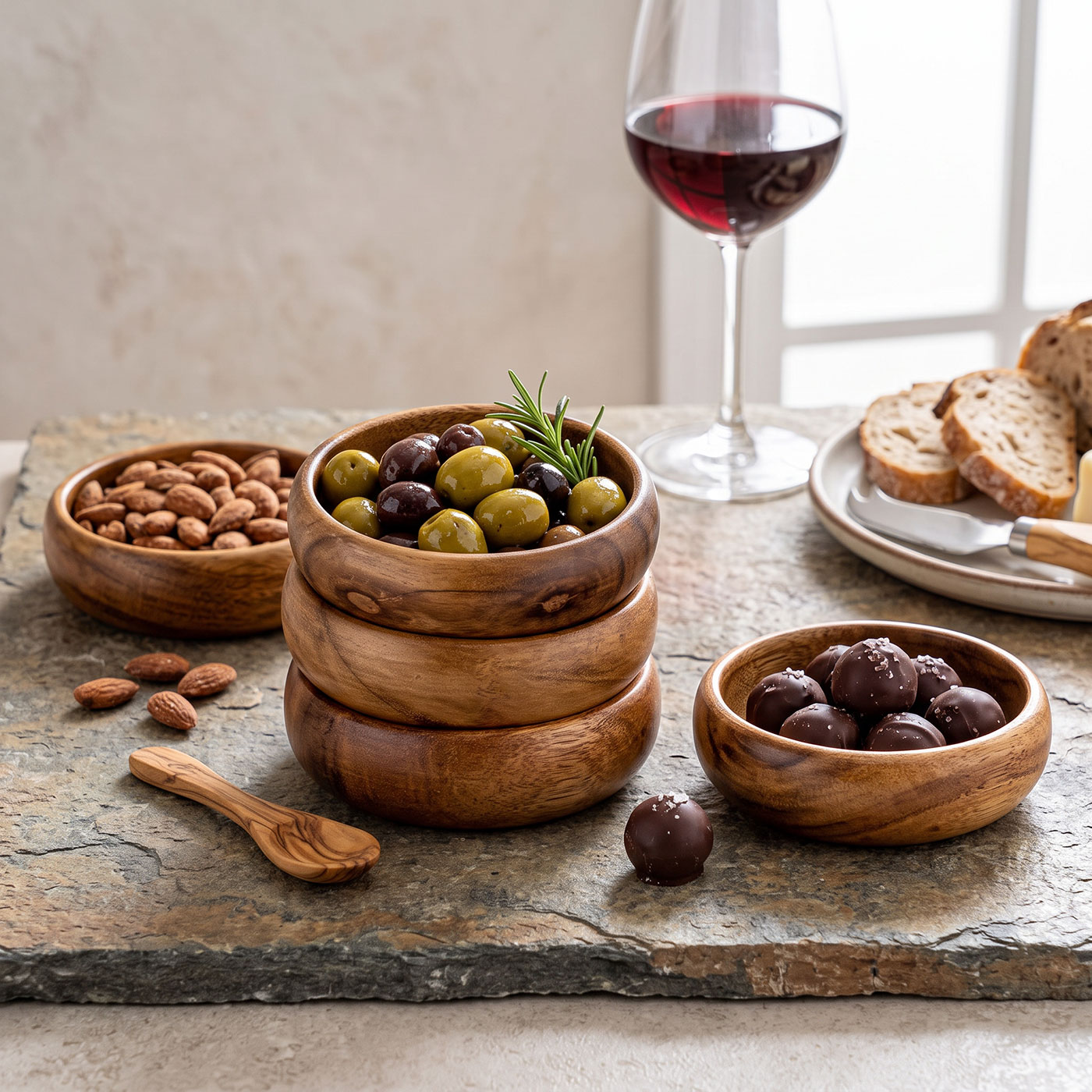 3er Set Snackschale Holz Akazie Ø10cm Design Dip Schale Obstschale Dekoschale