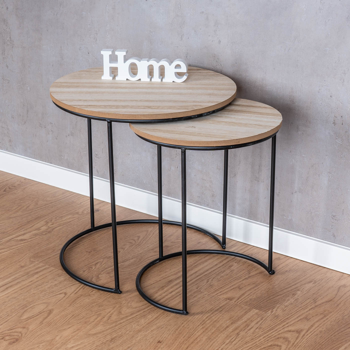 2er Set Beistelltische Metall Schwarz Holz Rund Couchtisch Industrial Sofatisch