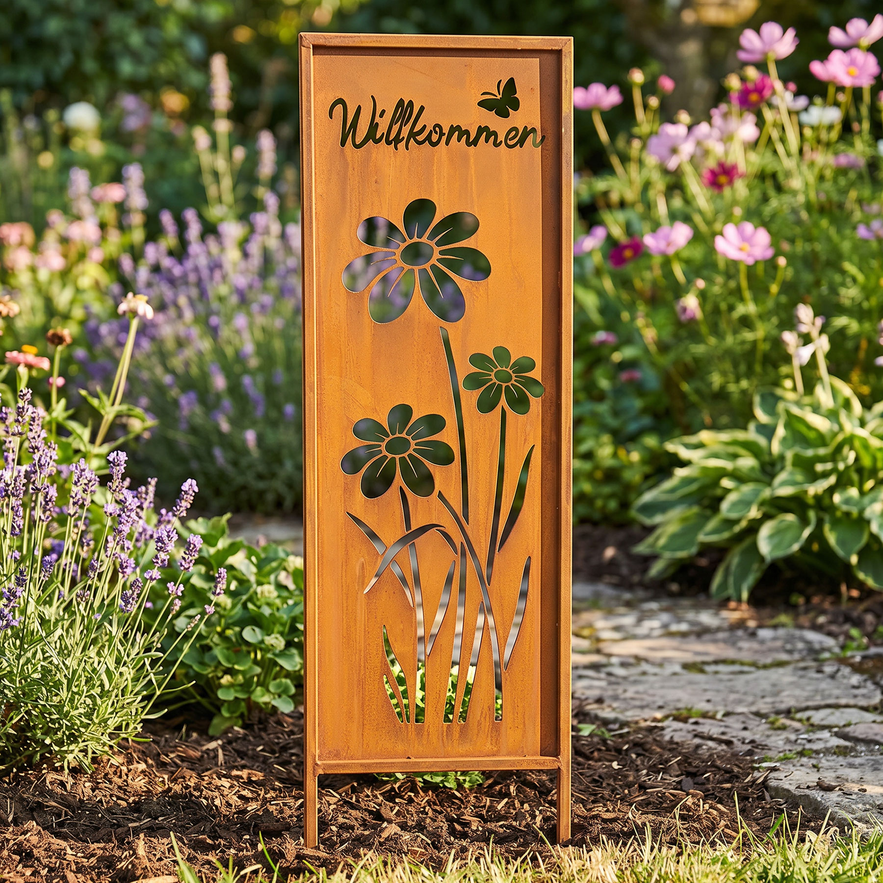 Gartenstecker Willkommen H83cm Stele Rost Rostdeko Braun Garten-Deko Edelrost