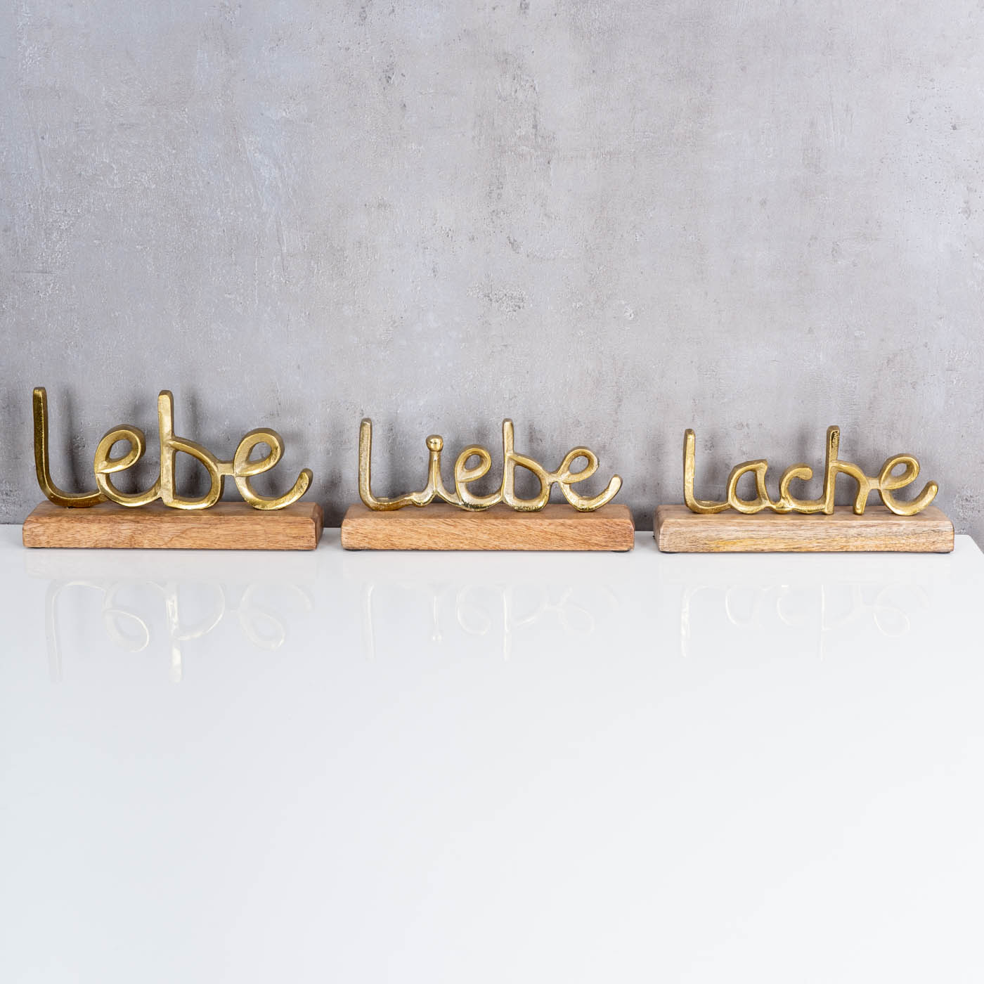 3er Set Schriftzug Lebe Lache Liebe L22cm Metall Gold Mango Holz Tisch-Deko