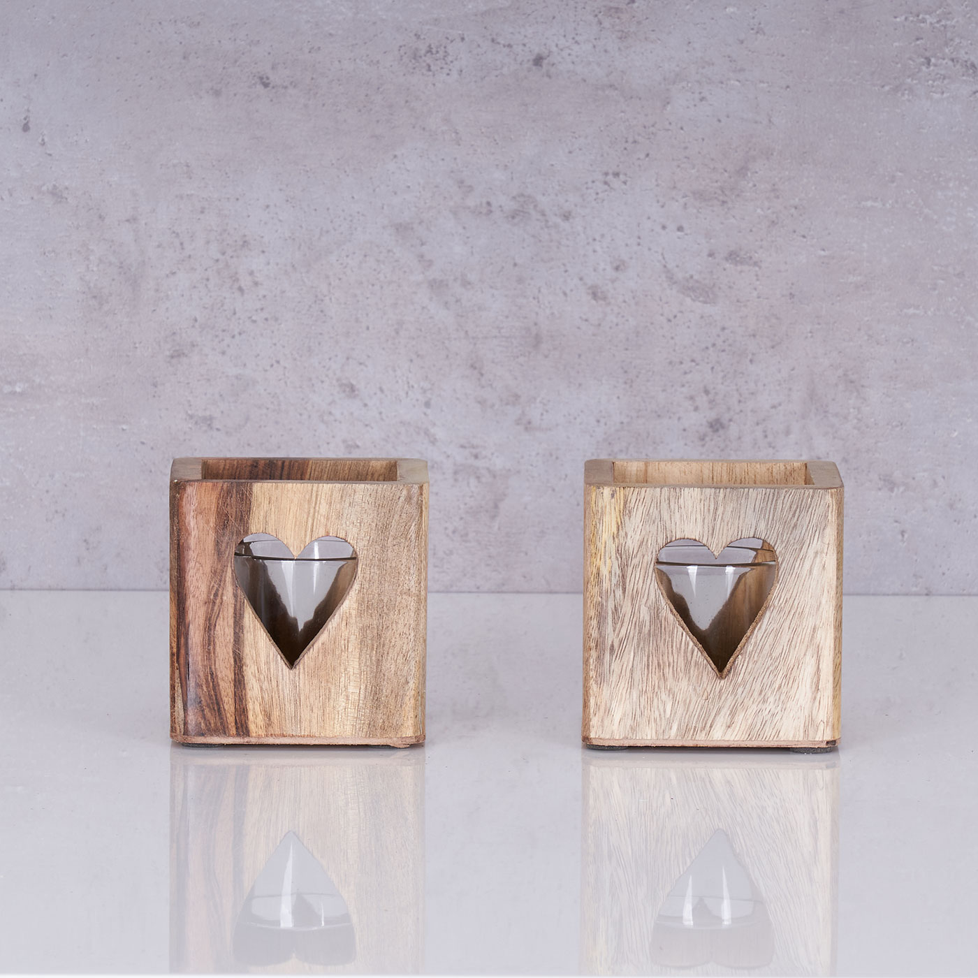 2er Set Windlicht Herz 9cm Mangoholz Teelicht Glas Teelichthalter Kerze Deko