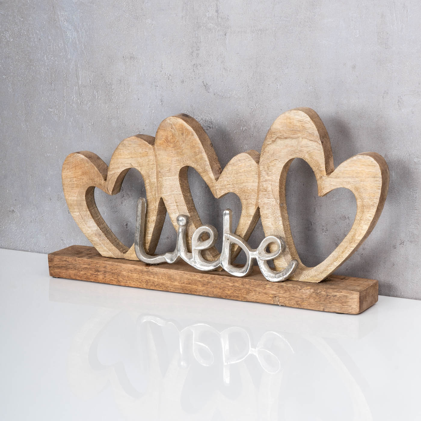 Aufsteller Herz 40x22cm Liebe Schriftzug Mango Holz Metall Braun Silber Deko