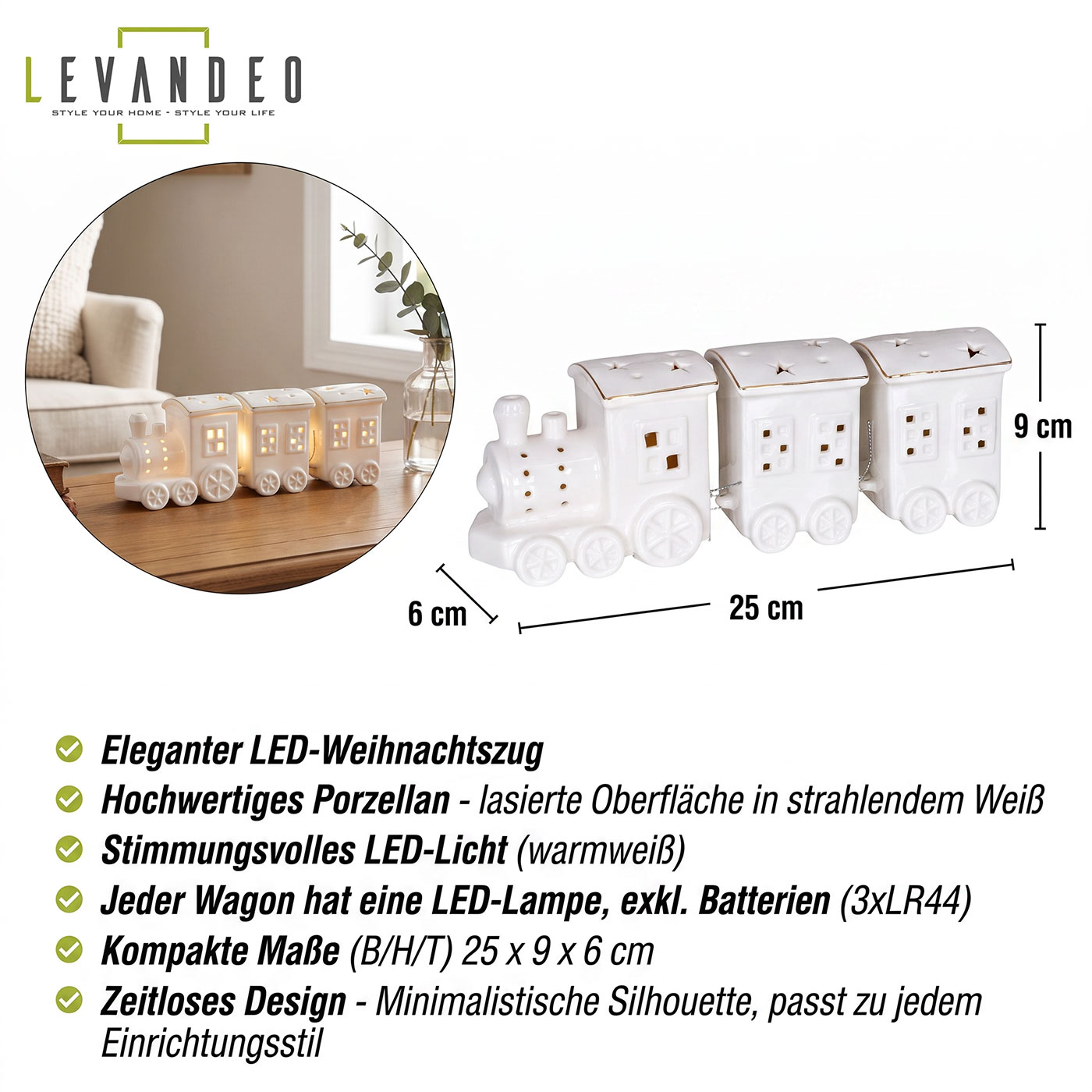 LED Weihnachtszug L25cm Porzellan Weiß Weihnachtsdeko Sterne Zug Lichtdeko