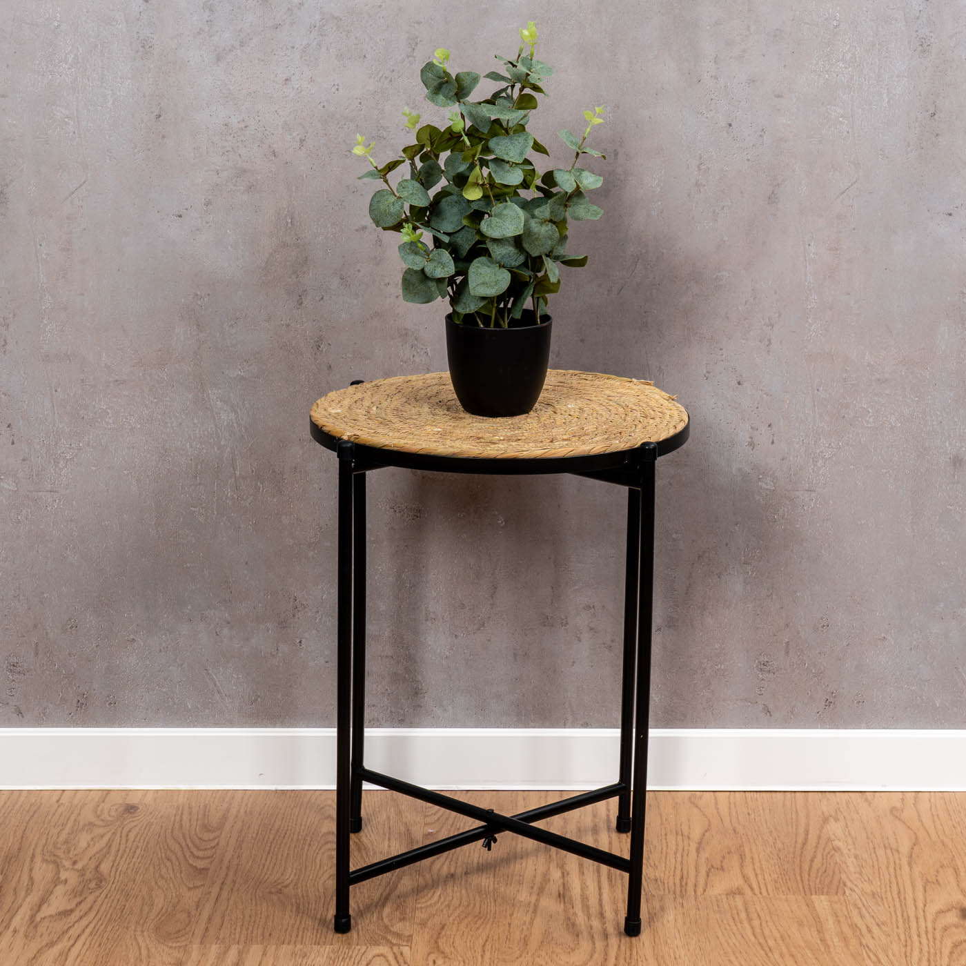 Beistelltisch H45cm Schilf Metall Schwarz Natur Ablage Couchtisch Sofatisch Deko