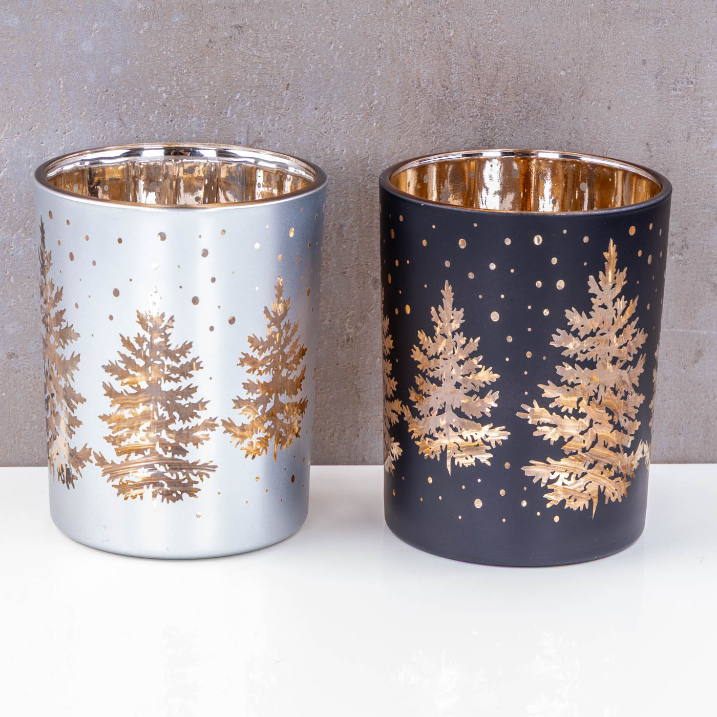 2er Set Windlicht Schwarz Gold Silber Tannenbaum Teelichthalter Weihnachten Deko