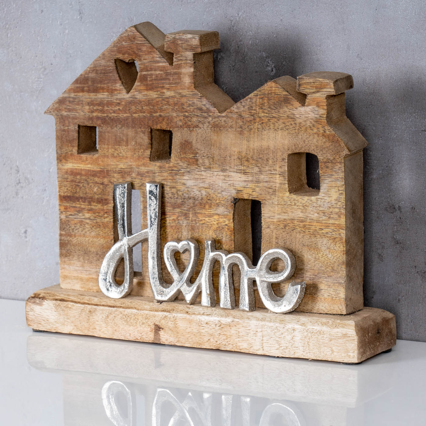 Aufsteller Haus H22cm Home Mango Metall Schriftzug Holz Deko Mangoholz Tischdeko