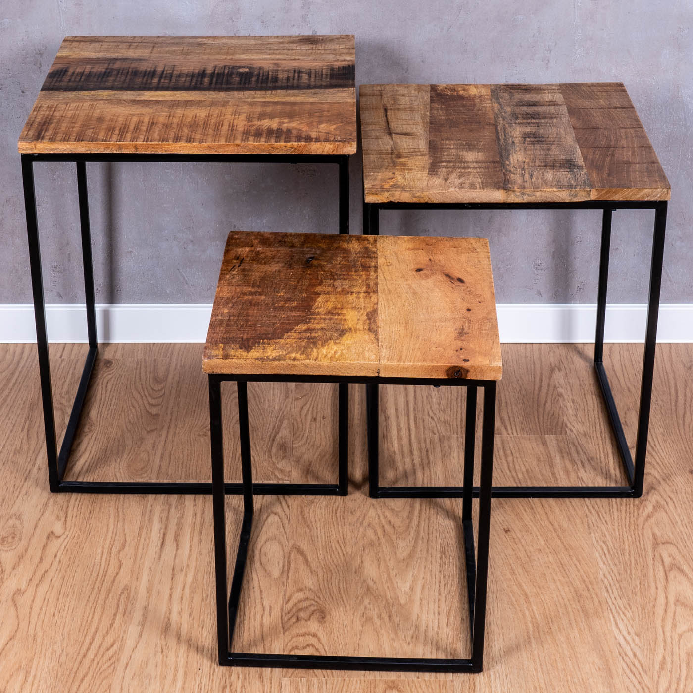 3er Set Beistelltisch Mango Natur Eisen Schwarz Design Holz Couchtisch Deko