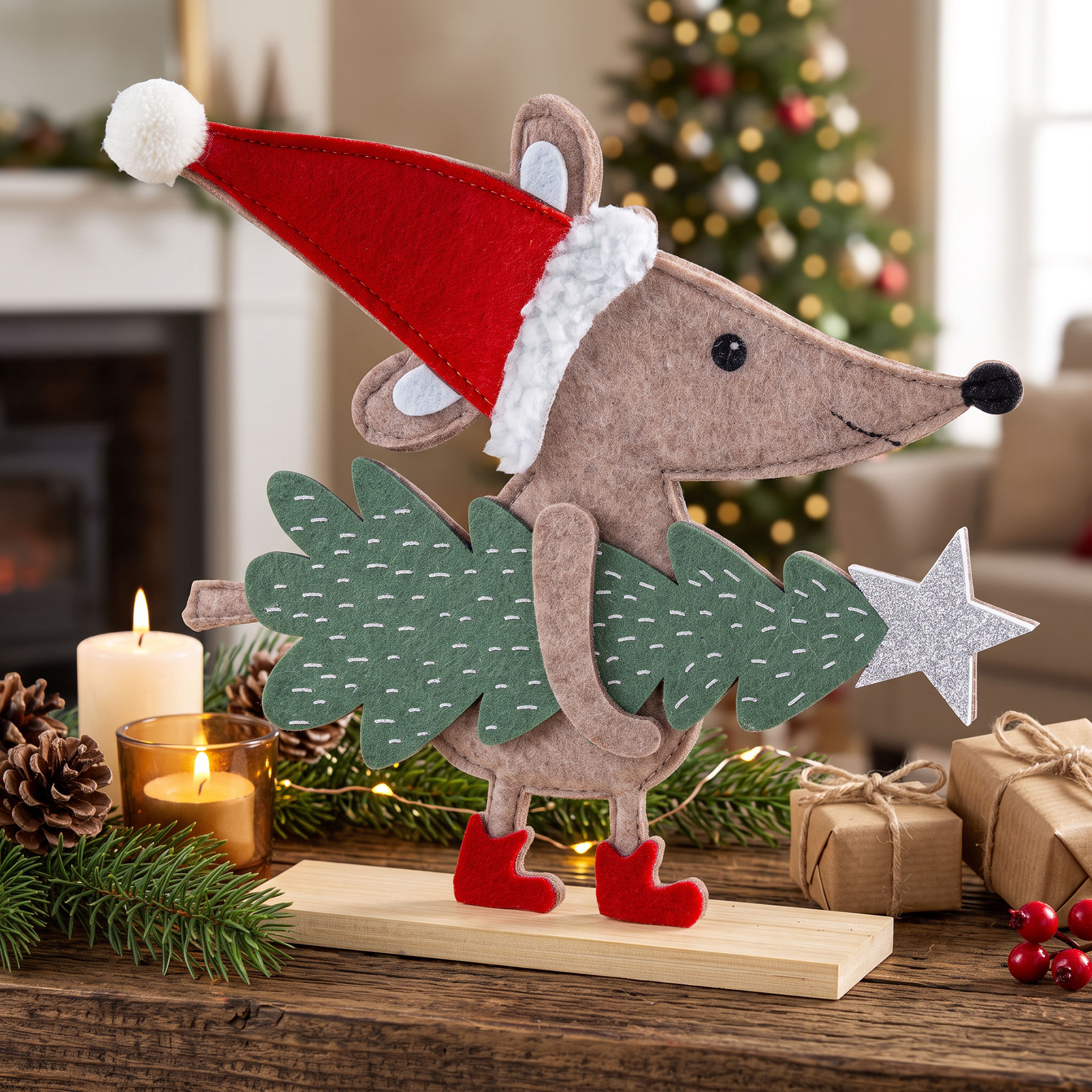 Deko Aufsteller Weihnachtsmaus 25x21cm Filz Bambus Holz Weihnachtsdeko Maus Figur