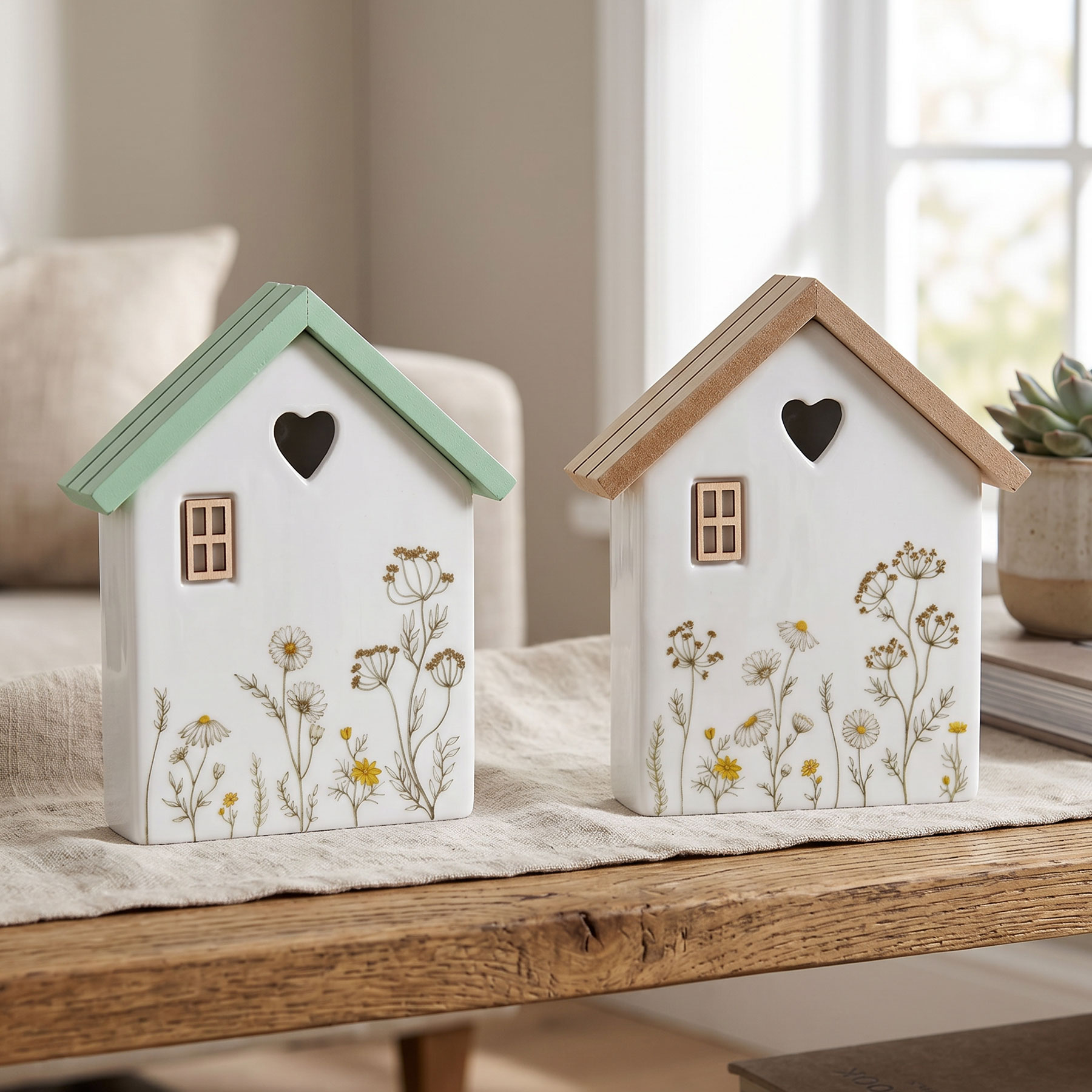 2er Set Deko Aufsteller Haus H18cm Porzellan MDF Holz Blumen Tischdeko Frühling