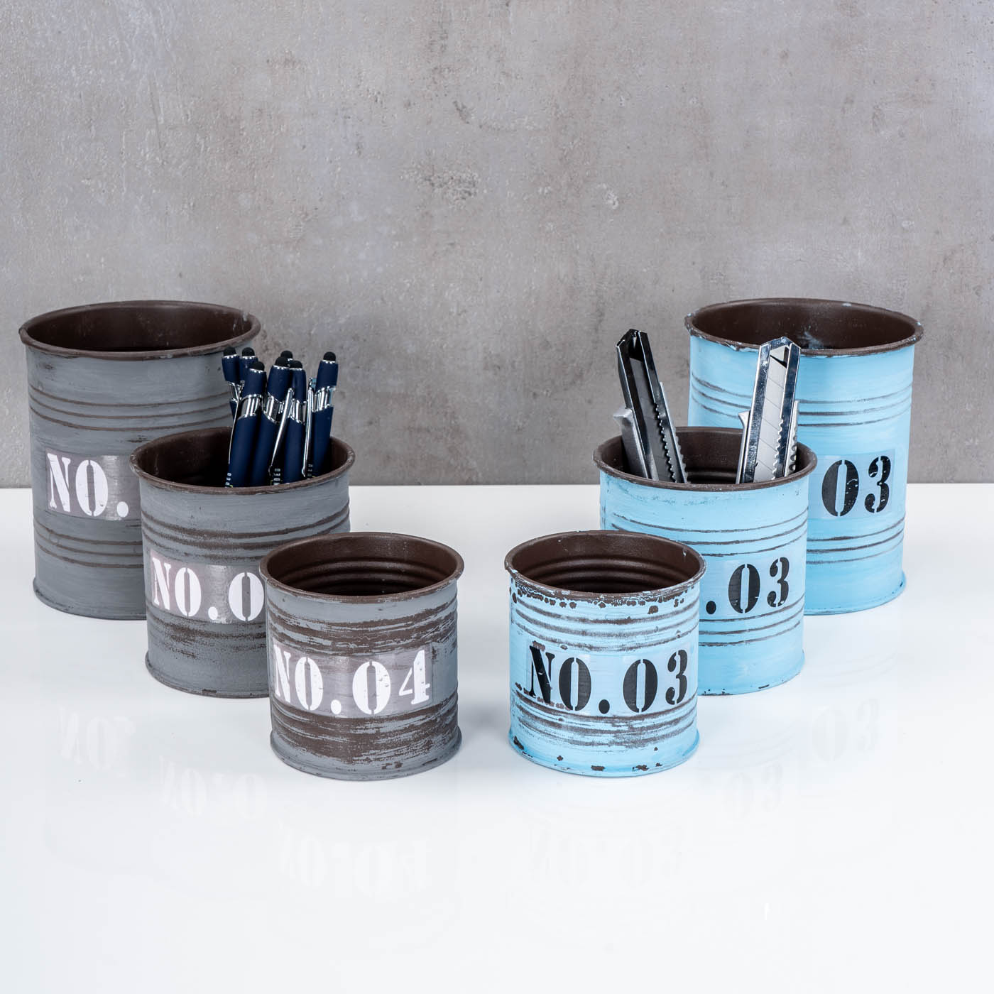 6er Set Aufbewahrung Metall H8-14cm Grau Blau Industrial Organizer Pflanztopf