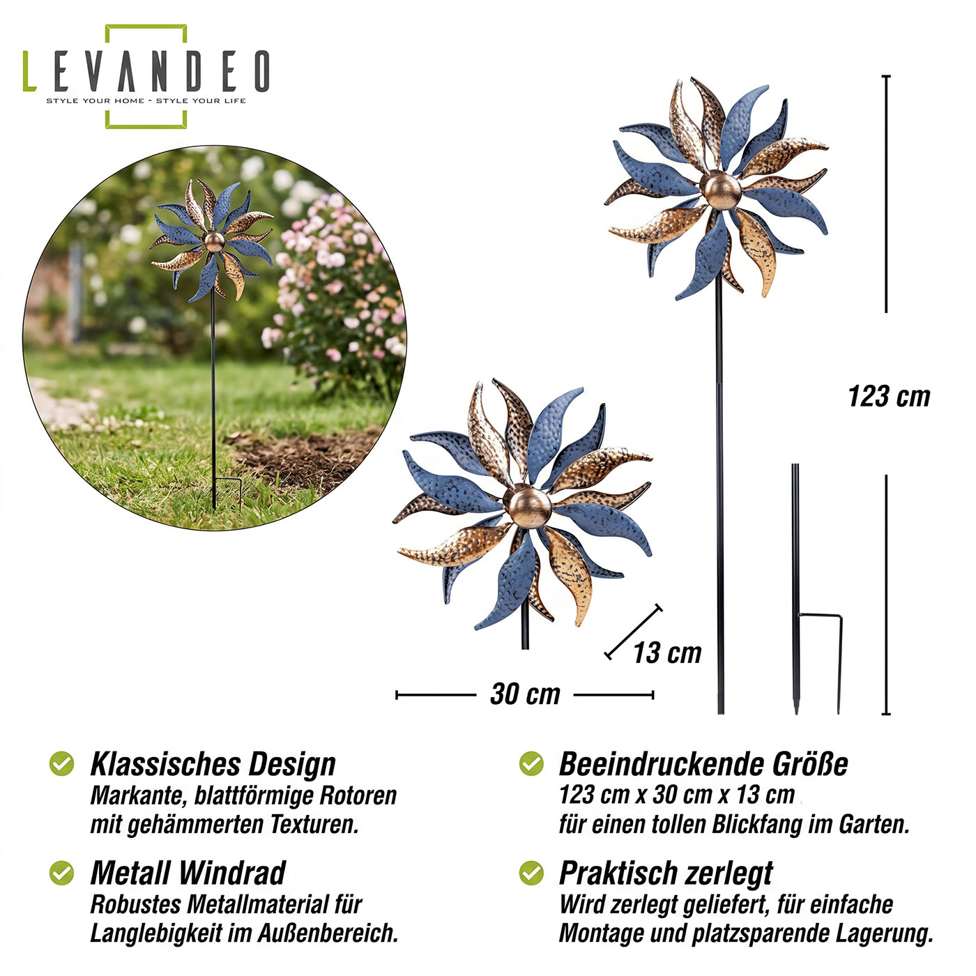 Gartenstecker Windrad H123cm Metall Gold Blau Windmühle Erdspieß Garten Deko