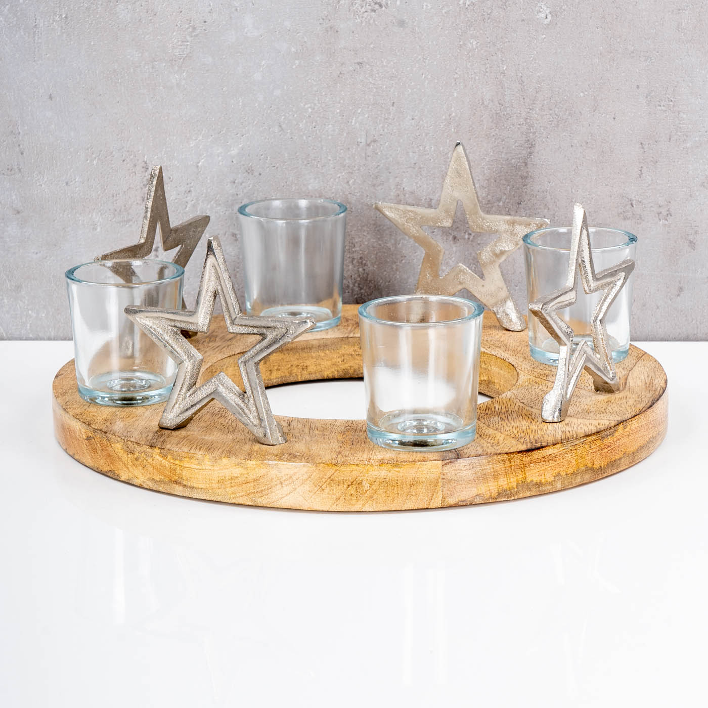 Adventskranz ø30cm Mango Holz Silber Natur Kerzenhalter Sterne Weihnachten Deko