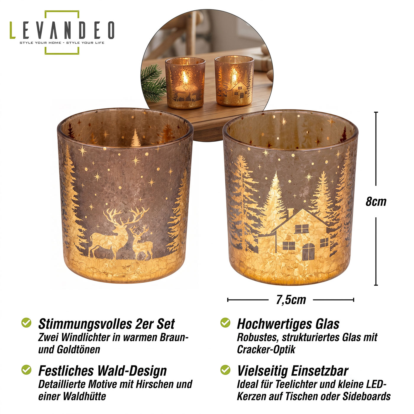 2er Set Teelichthalter Gold Braun Winter Landschaft Glas Kerzenhalter Tischdeko
