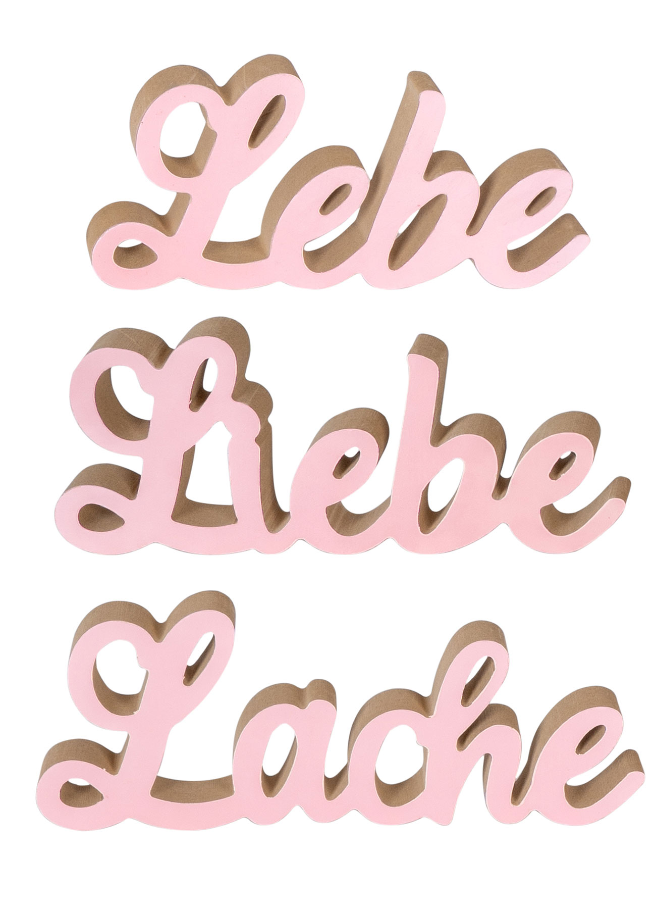 3er Set Schriftzug Lebe Liebe Lache Pastell Rosa Holz Tischdeko Deko Aufsteller
