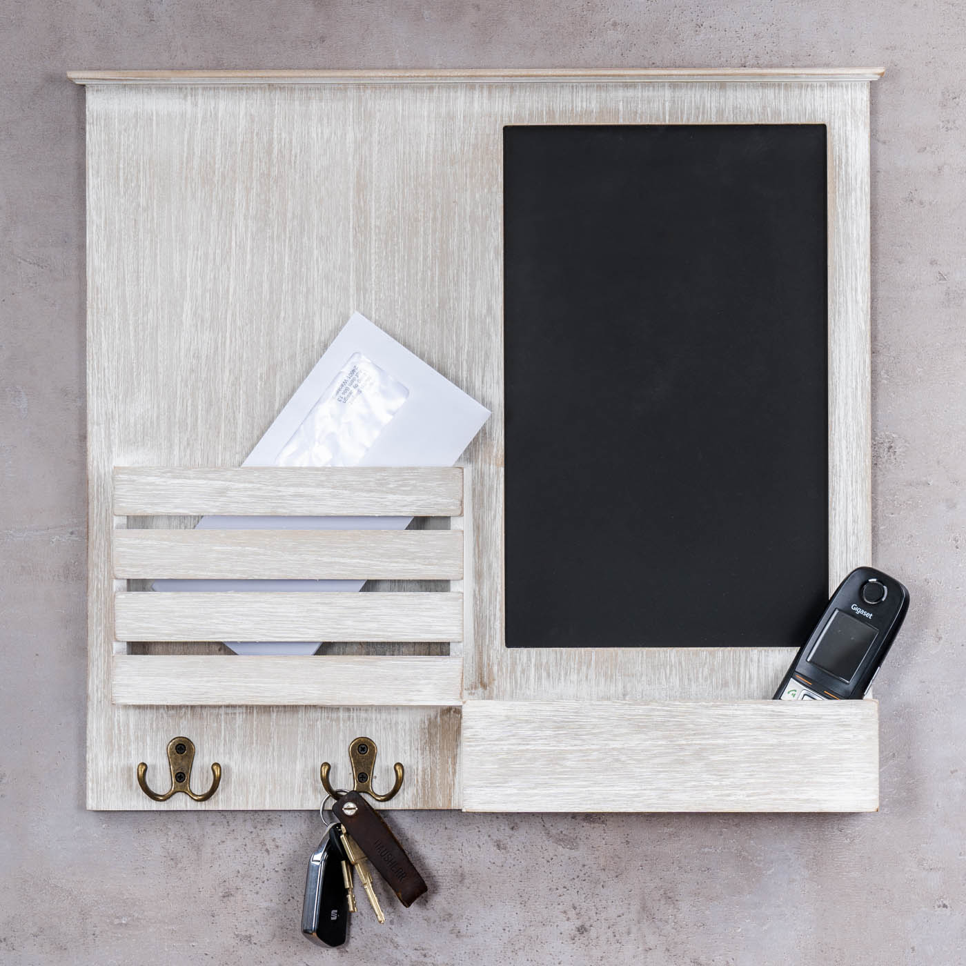 Memoboard 52x47cm Holz Weiß Grau Briefablage 4 Haken Shabby Chic Tafel