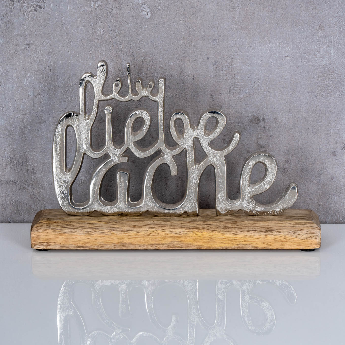 Schriftzug Lebe Lache Liebe Metall Silber Mango Holz Aufsteller Tischdeko Deko