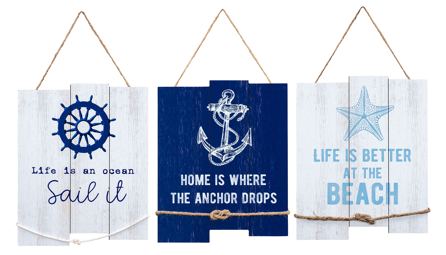 3er Set Wandschild H35cm Blau Weiß Holzschild Beach Strand Wanddeko Wandbild