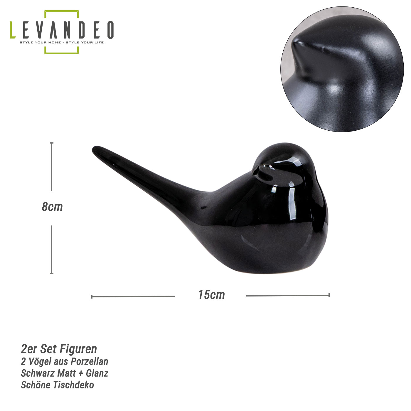 2er Set Dekofigur Vogel Schwarz Porzellan Tischdeko Deko Aufsteller Skulptur
