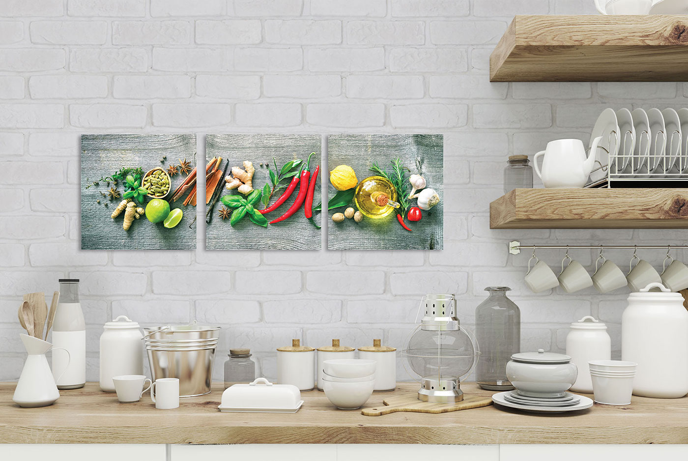 Wandbild 3er Set je 30x30cm Glas Gewürze Kräuter Küche Deko Glasbild Wanddeko