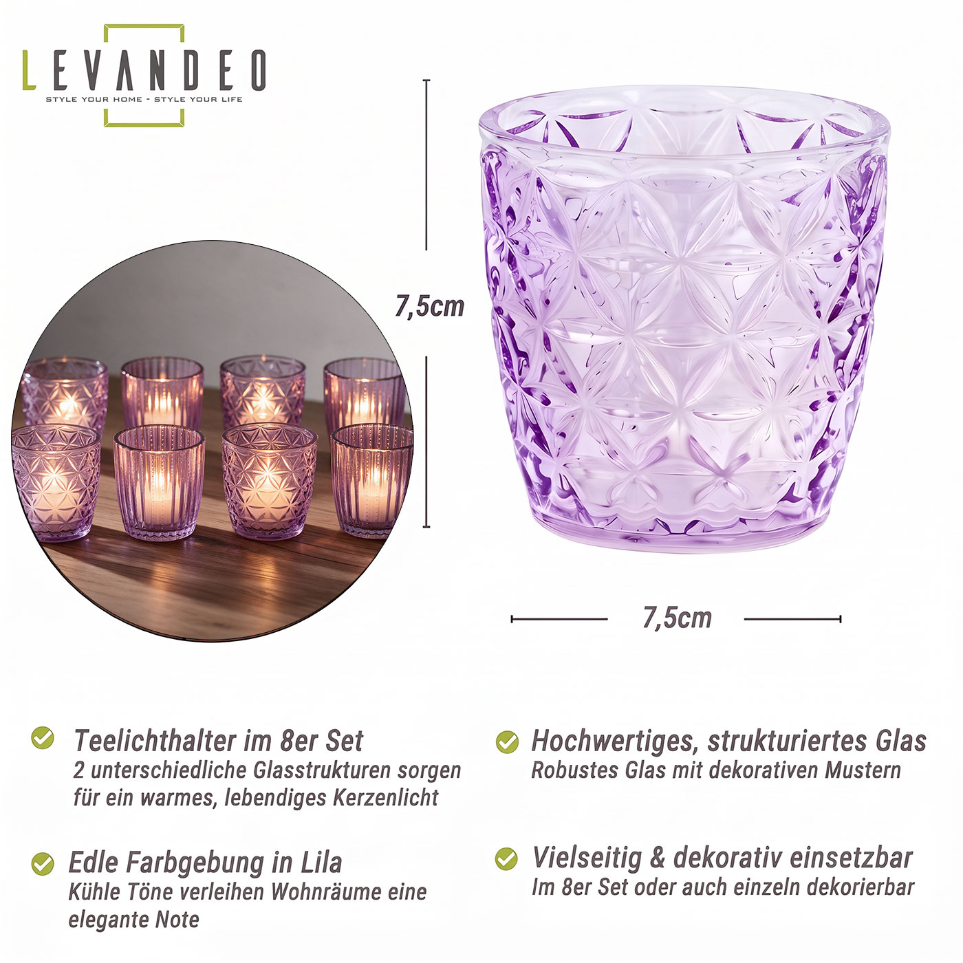 8er Set Windlicht Lila Glas Teelichthalter Violett Tischdeko Kerzen Retro Deko