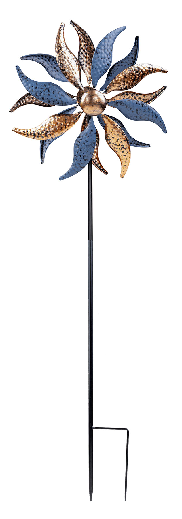 Gartenstecker Windrad H123cm Metall Gold Blau Windmühle Erdspieß Garten Deko