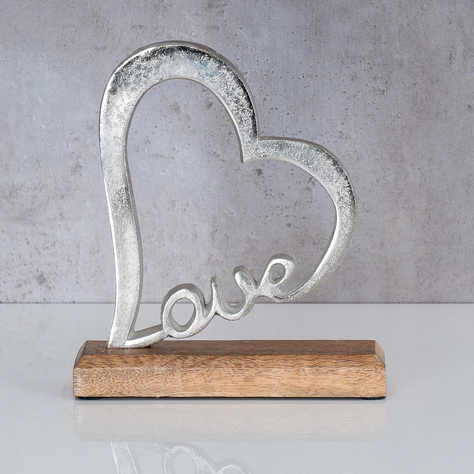Aufsteller Herz Schriftzug Love H20cm Metall Silber Mango Holz Tischdeko Deko