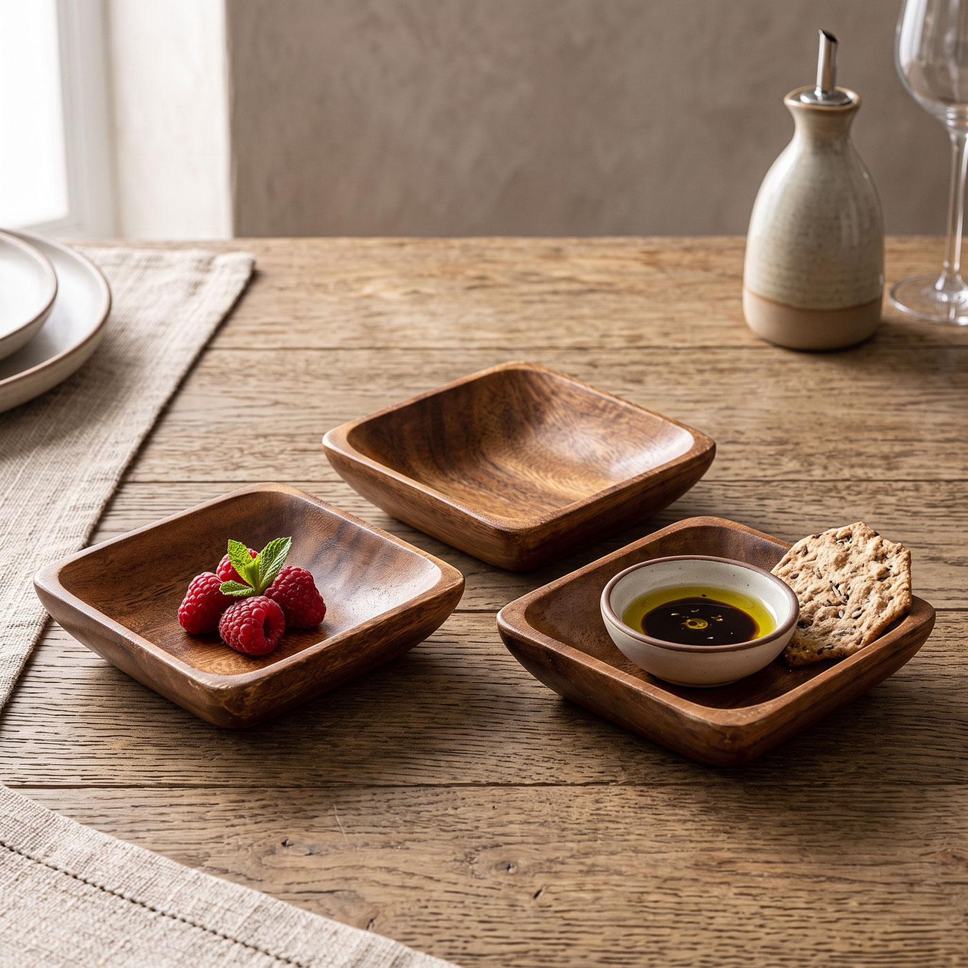 3er Set Snackteller Klein 10x10cm Akazienholz Teller Natur Tischdeko Holzschale
