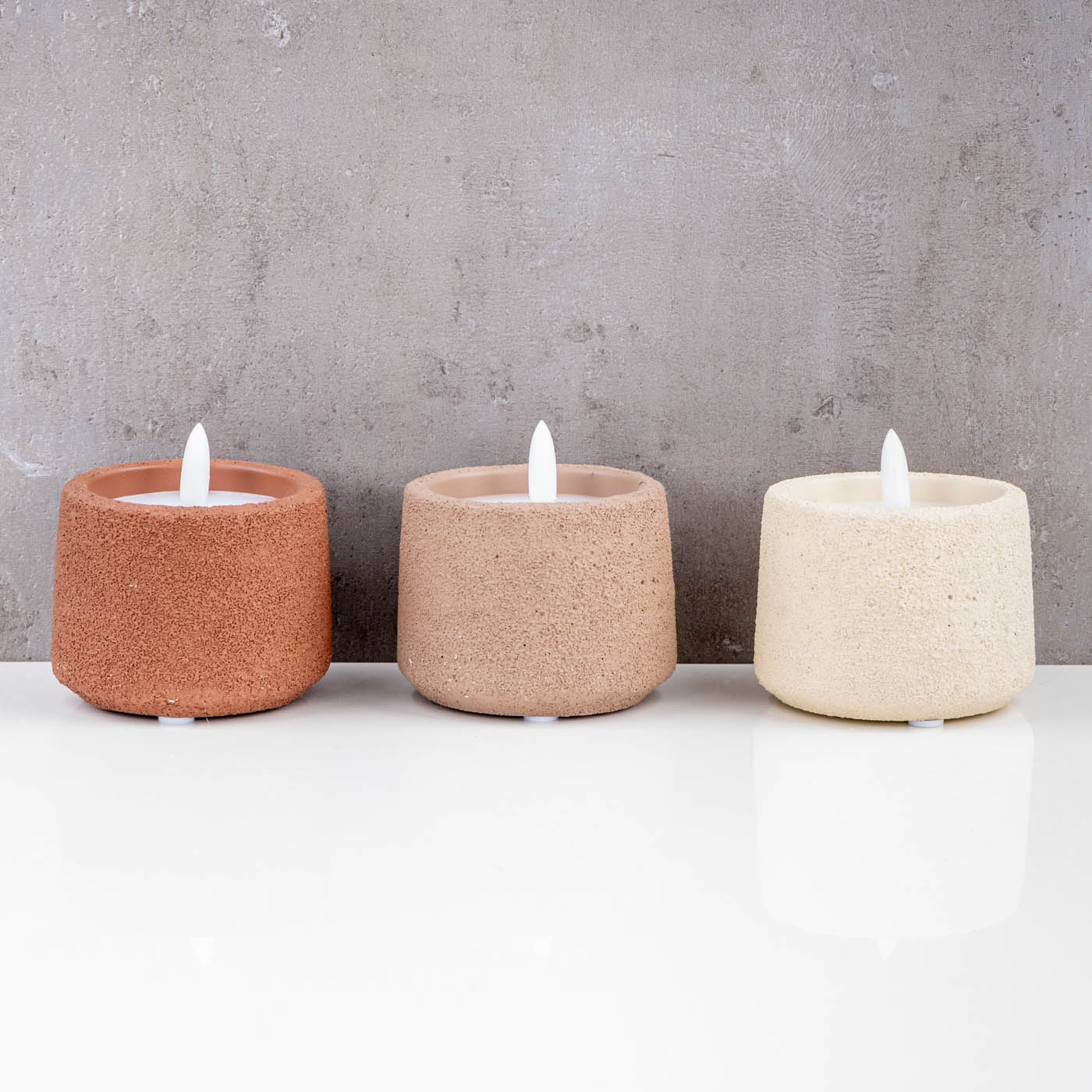 3er Set LED Kerzen mit Timer Echtwachs Beton Braun Beige Tischdeko Boho Stil