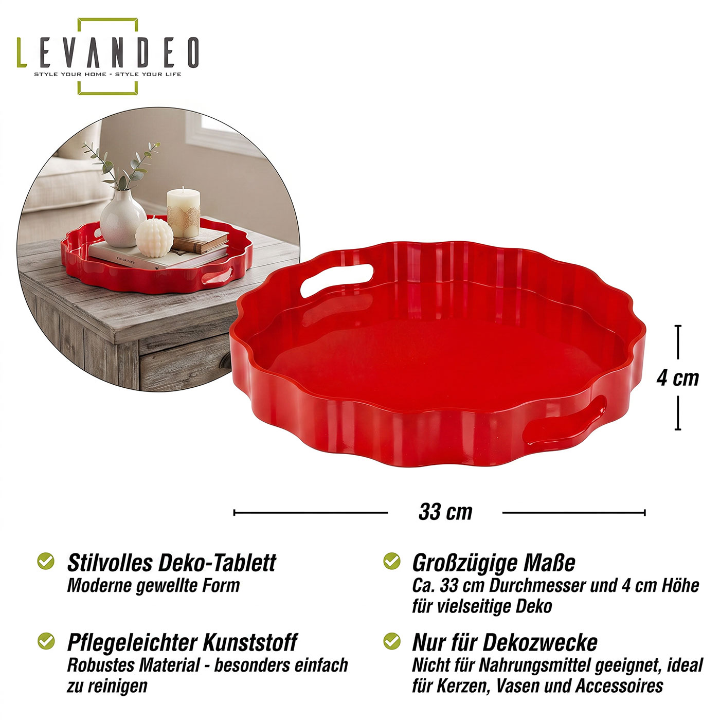 Deko Tablett Rot mit Griffen 33cm Rund Serviertablett Tischdeko Weihnachtsdeko