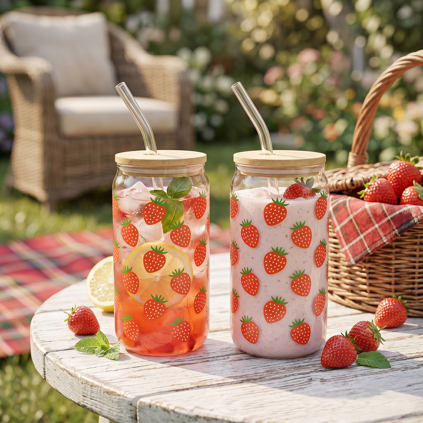 2er Set Trinkglas 500ml Erdbeere Glas-Strohhalm Bambusdeckel Trinkbecher Sommer