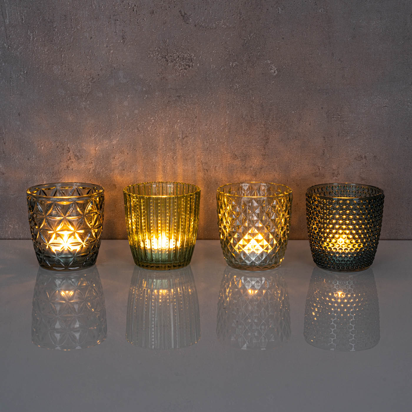 4er Set Windlicht H7,5cm Glas Grün Teelichthalter Tischdeko Kerzen Retro Deko