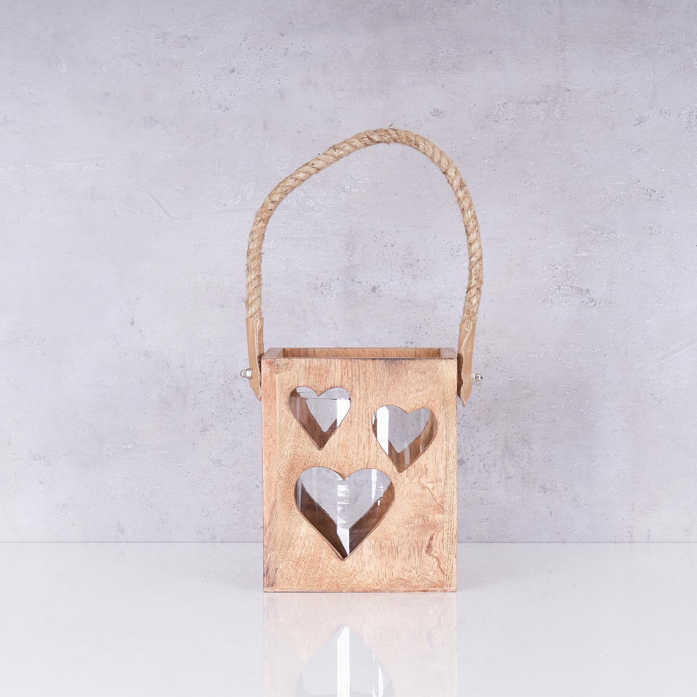 Windlicht Herz 15x18x15cm Braun Mangoholz Laterne Glas Teelichthalter Kerze Tau