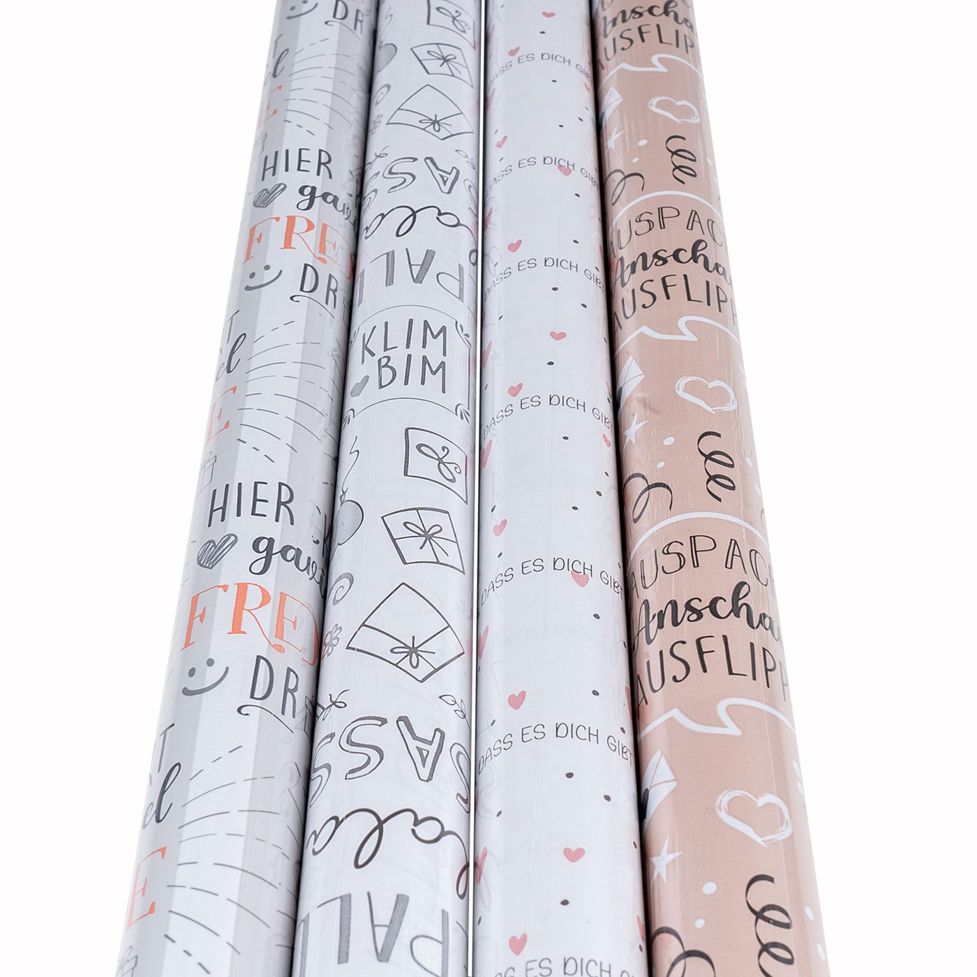 4 Rollen Geschenkpapier Set 70x200cm Geburtstag Weiß Braun Freunde Liebe Happy