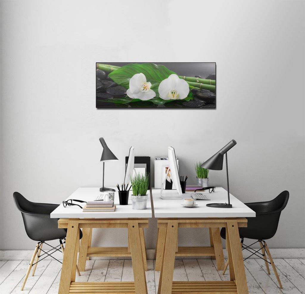 Glasbild 30x80cm Wandbild aus Glas Orchideen Blume Steine Bambus Deko