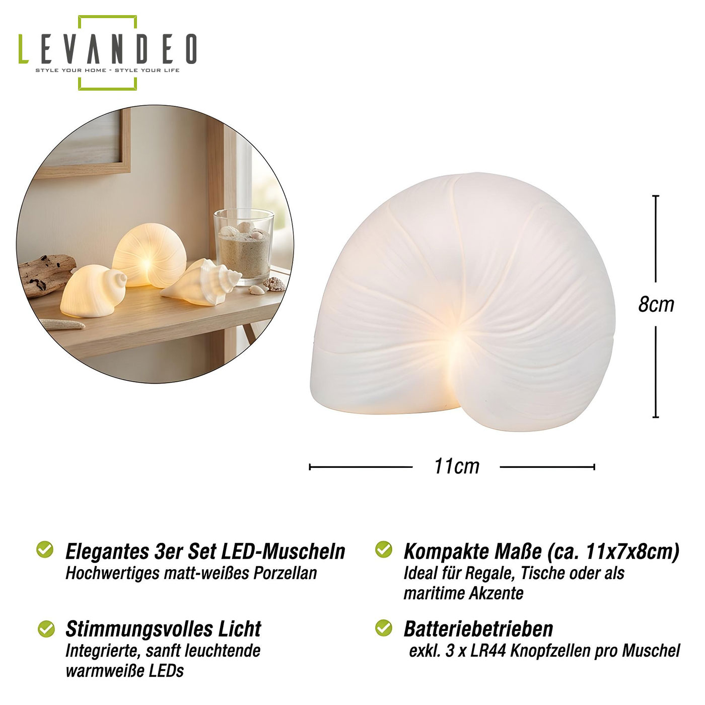 3er Set LED Deko Licht Muschel Weiß Porzellan Maritime Tischdeko Stimmungslampe