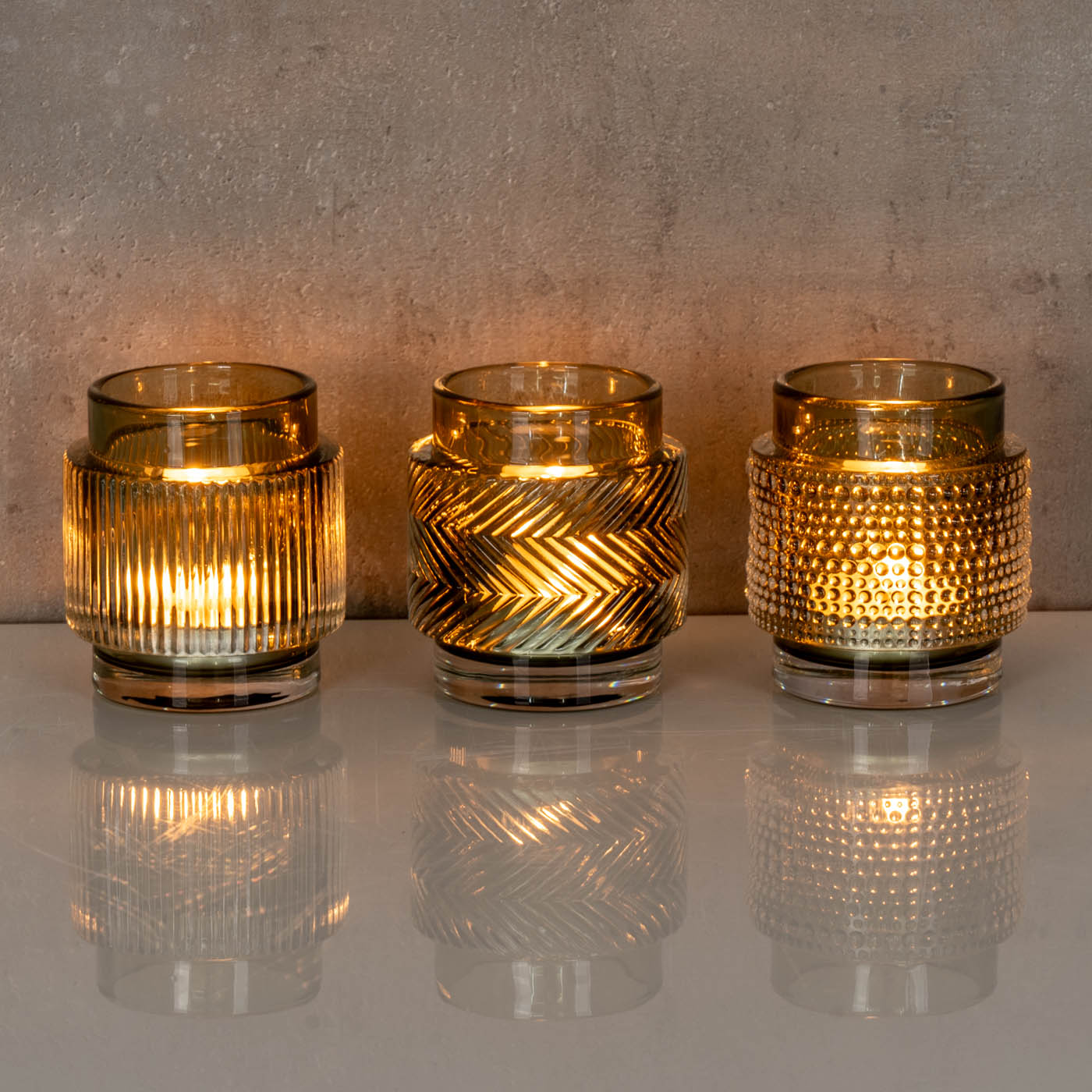3er Set Teelichthalter Glas Grün H8cm Kerzenhalter Vintage Retro Tischdeko Deko