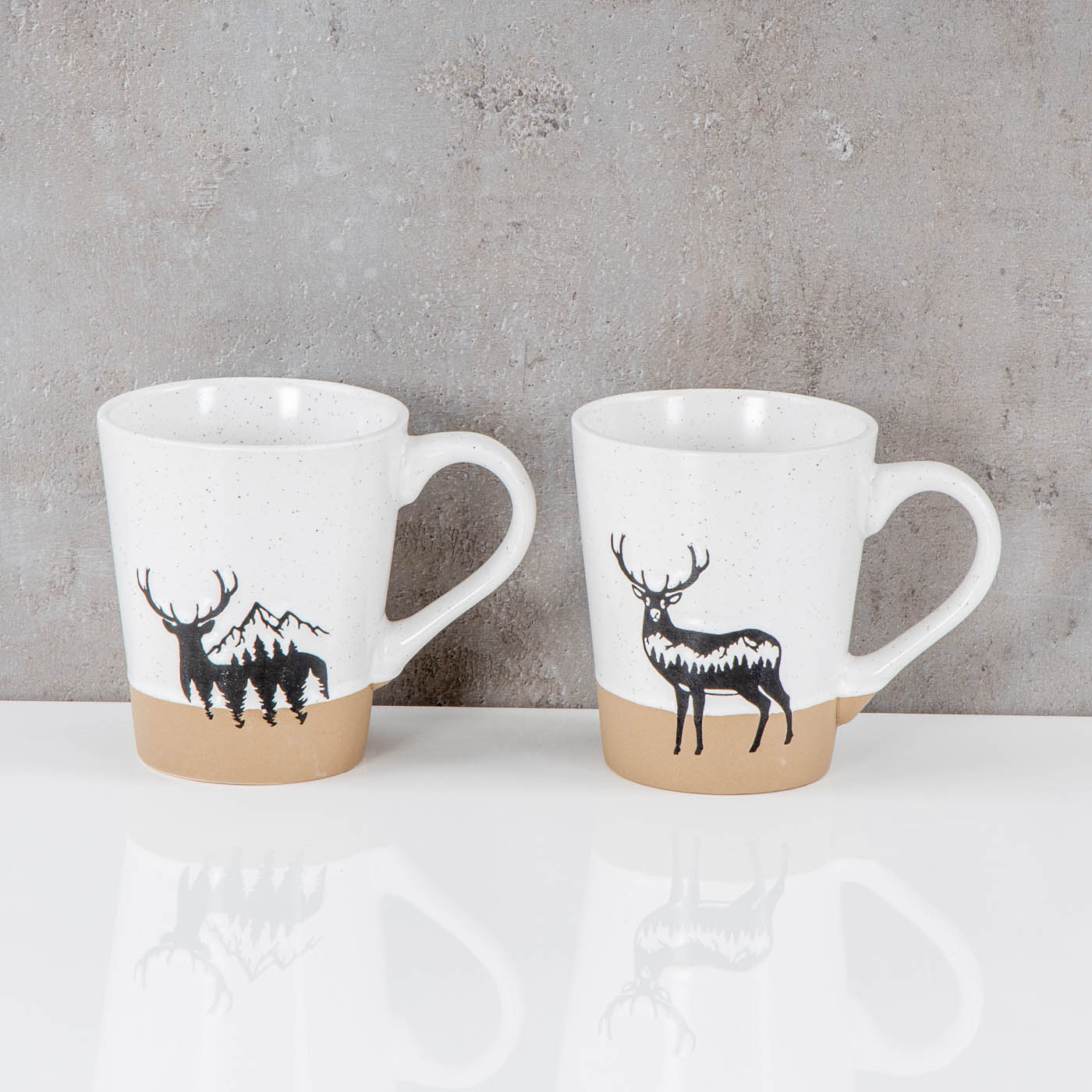 2er Set Steingut Tassen 360ml Hirsch Kaffeetasse Natur Becher Modern Alpen Design
