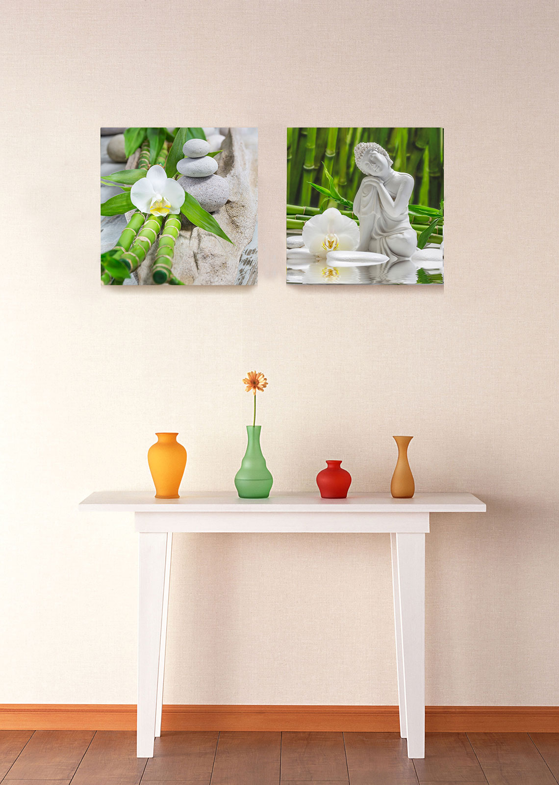 levandeo 2er Set Glasbild 30x30cm Buddha Weiße Orchidee Bambus Wandbild Deko