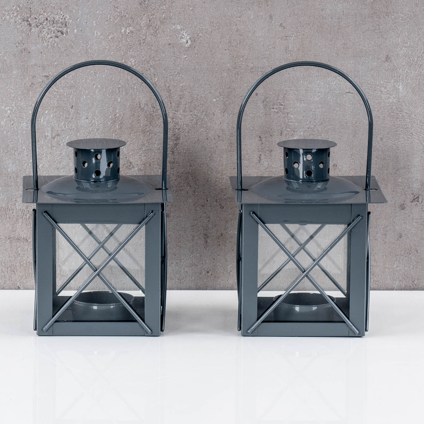 2er Set Windlicht H10cm Laterne Grau Metall Tischdeko Kerze Teelichthalter
