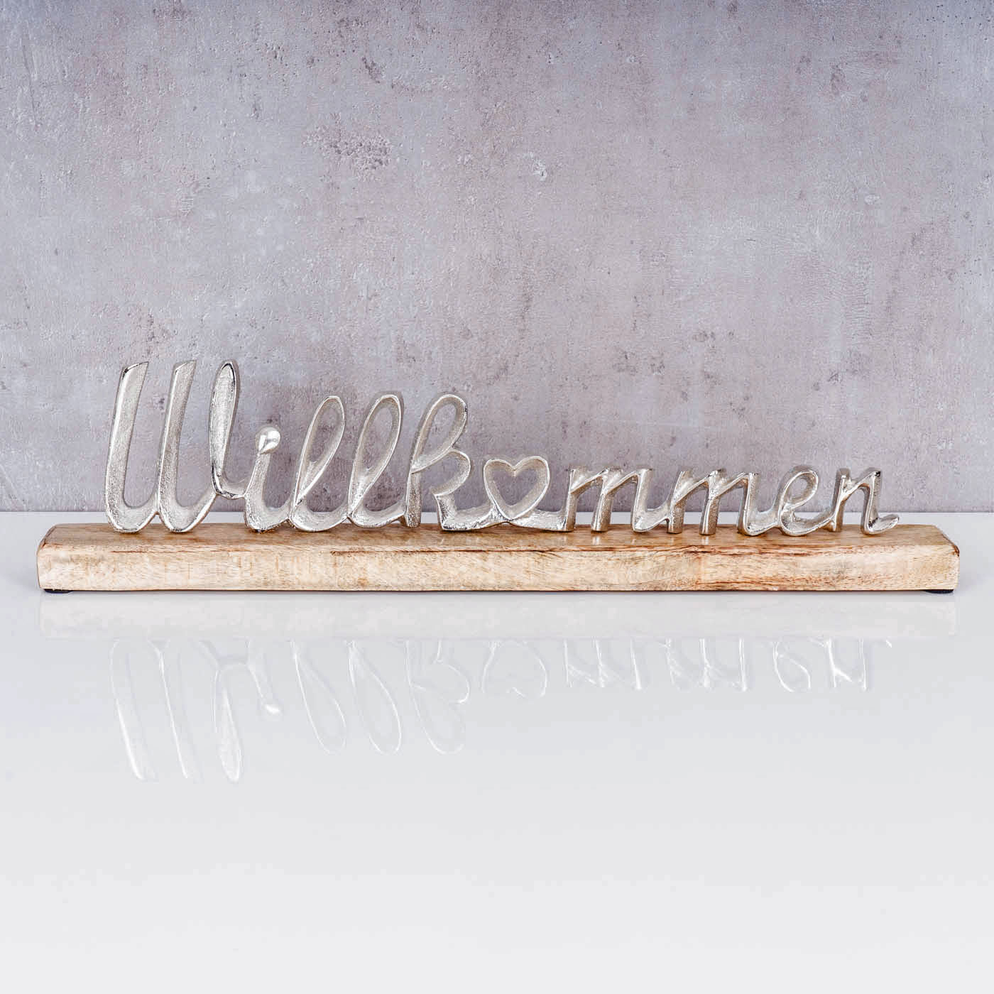 Schriftzug Willkommen L45cm Metall Silber Mango Holz Tischdeko Deko Aufsteller